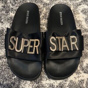 Steve Madden Black Slides with Metallic Lettering